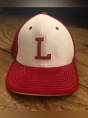 Men's Two-Tone Red and White Baseball Cap with 'L' Patch